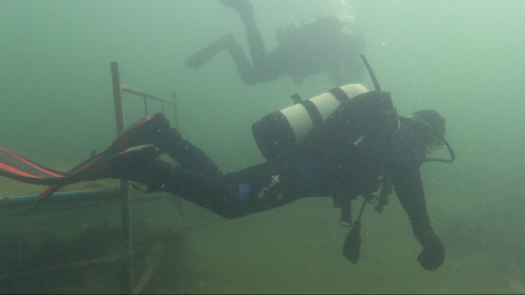 Two NWK divers exploring a submerged platform at Leybourne Lakes